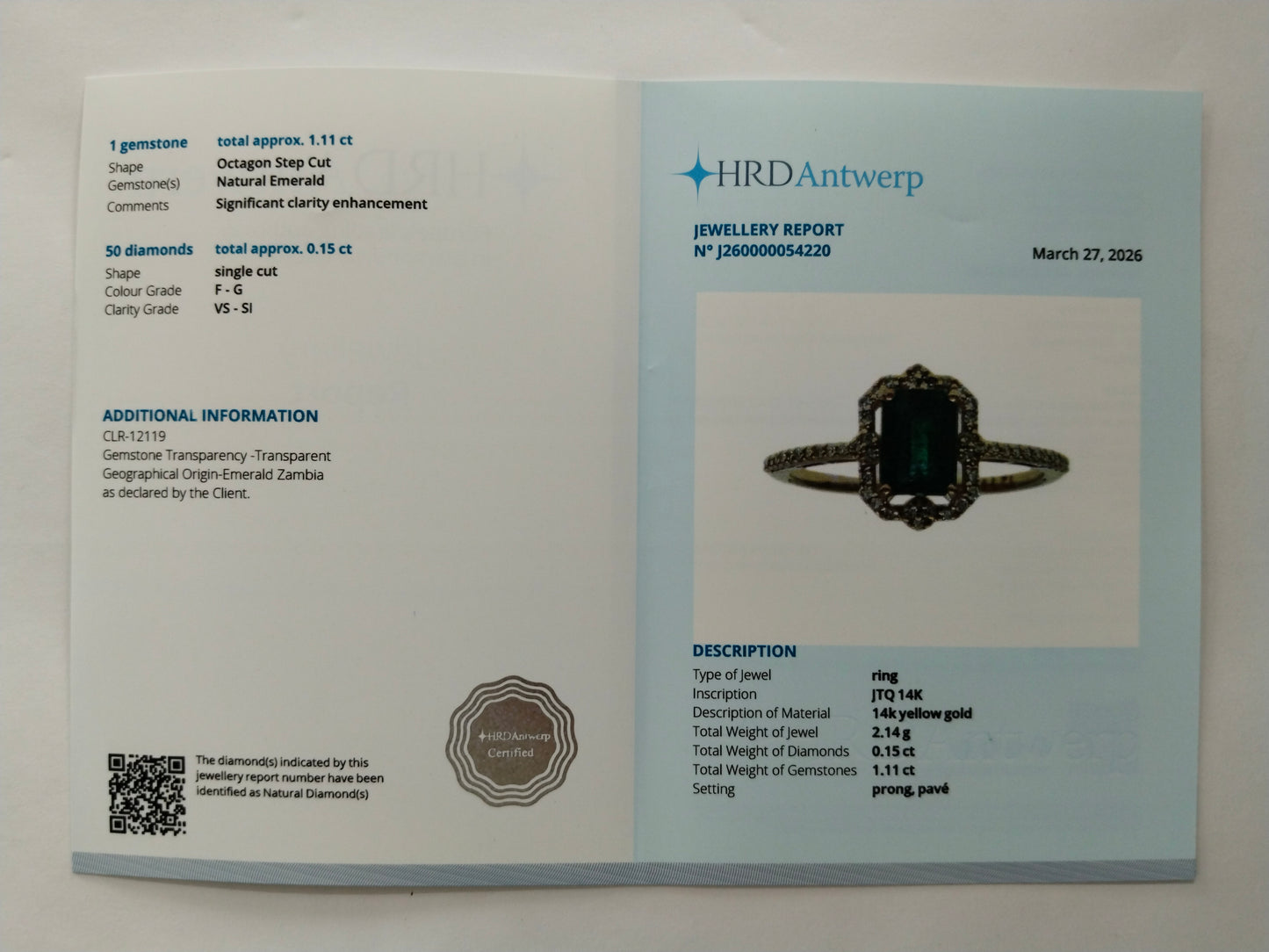 1.26 Ct Octagon Step Cut Natural Emerald 14K Gold Ring