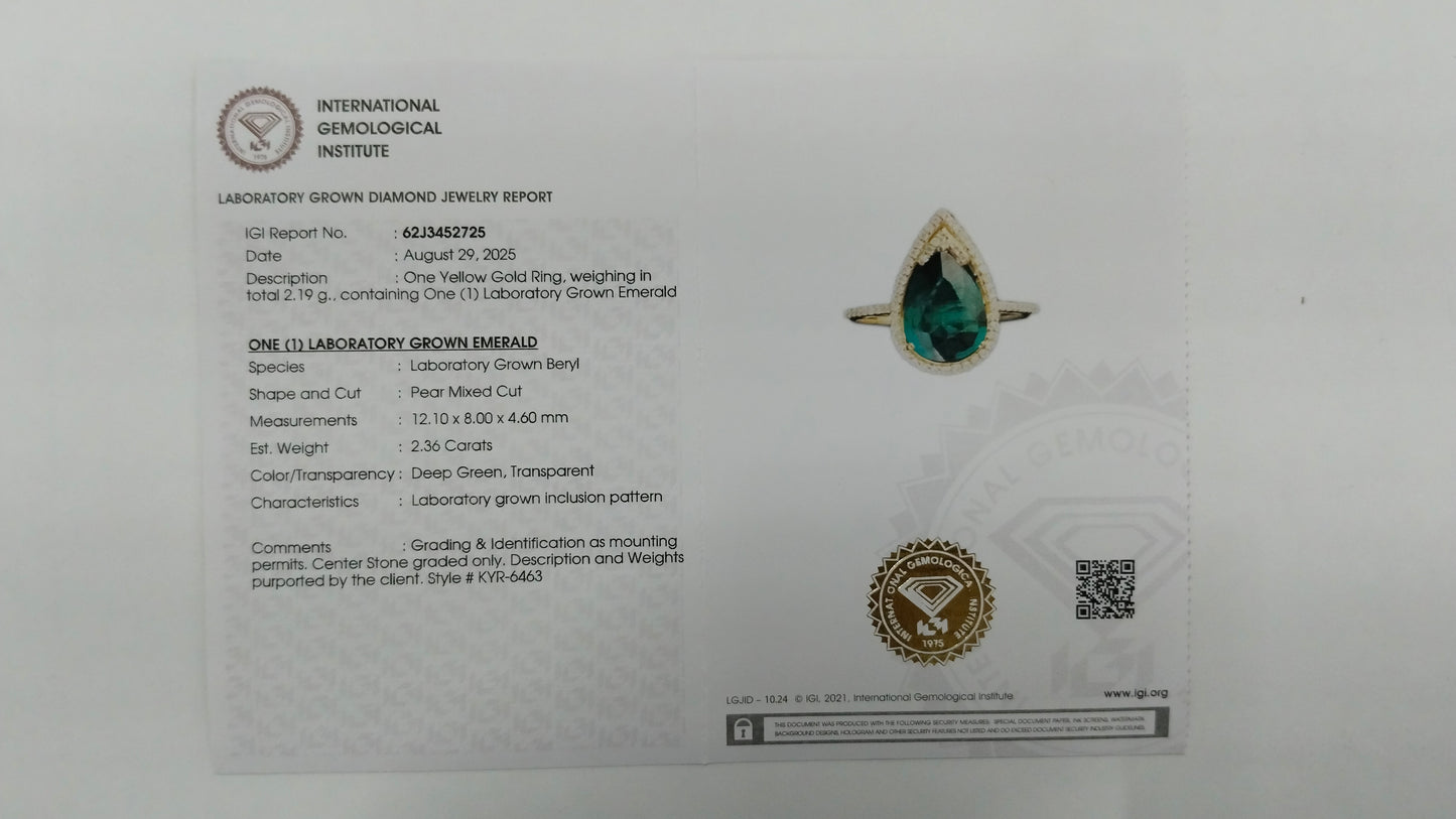2.55 Ct Pear Mixed Cut Lab Grown Emerald 14K Gold Ring