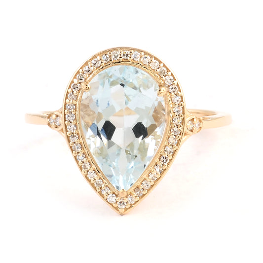 2.93 Ct Pear Mixed Cut Natural Beryl Aquamarine 14K Gold Ring