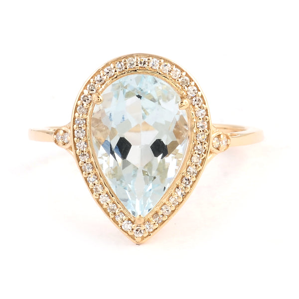 2.93 Ct Pear Mixed Cut Natural Beryl Aquamarine 14K Gold Ring