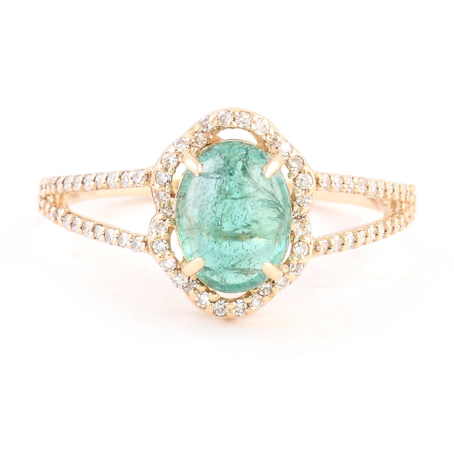 1.75 Ct Oval Cabochon Natural Beryl Emerald 14K Gold Ring