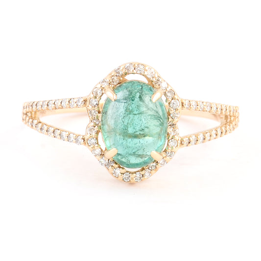 1.75 Ct Oval Cabochon Natural Beryl Emerald 14K Gold Ring