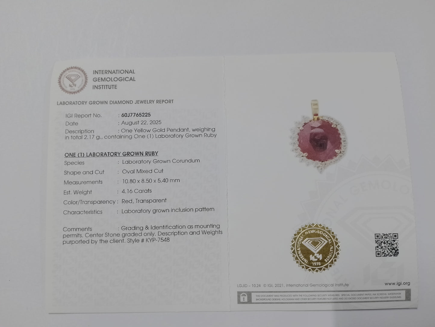 4.46 Ct Oval Mixed Cut Lab Grown Ruby 14K Gold Pendant