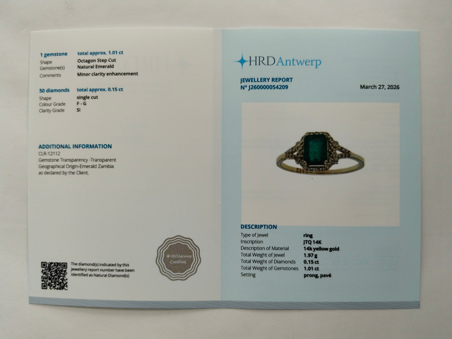 1.16 Ct Octagon Step Cut Natural Emerald 14K Gold Ring