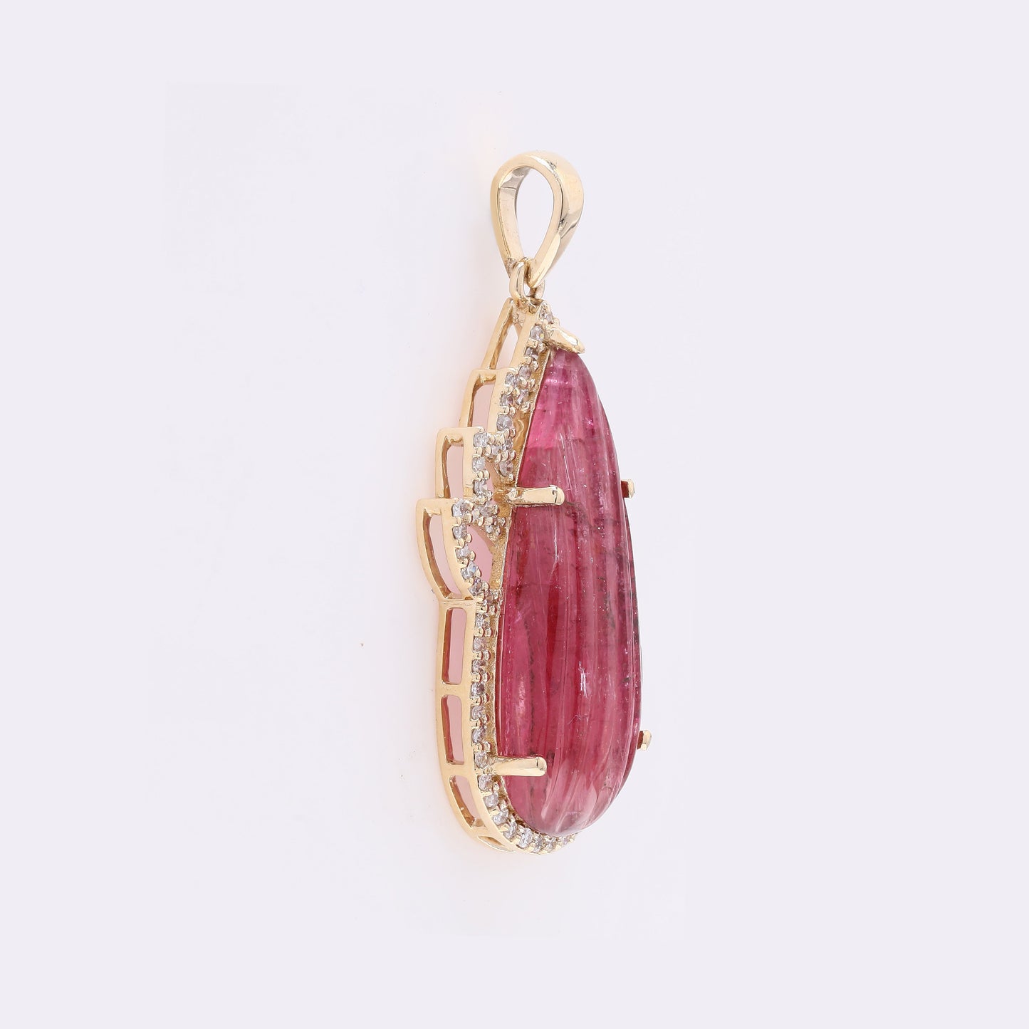 5.46 Ct Pear Carving Natural Pink Tourmaline 14K Gold Pendant