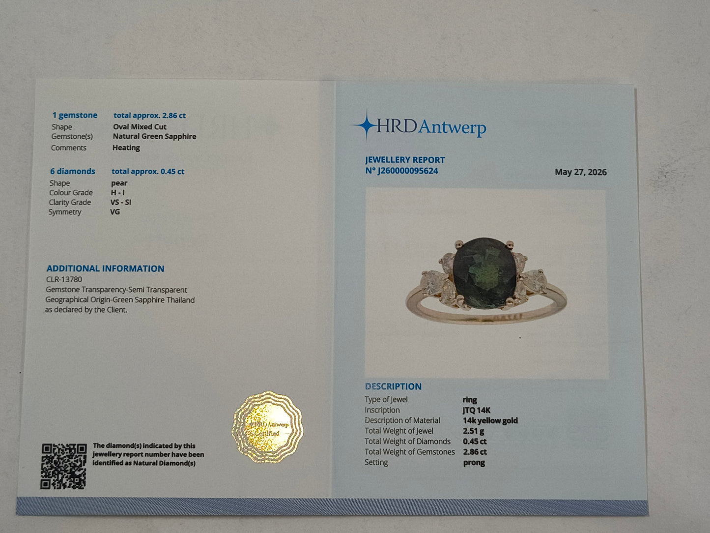 3.31 Ct Cushion Mixed Cut Natural Green Sapphire 14K Gold Ring