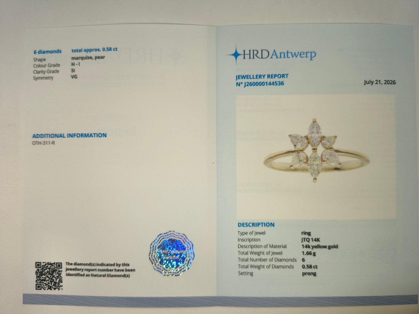 0.58 Ct Marquise, Pear Natural Diamond 14K Gold Ring