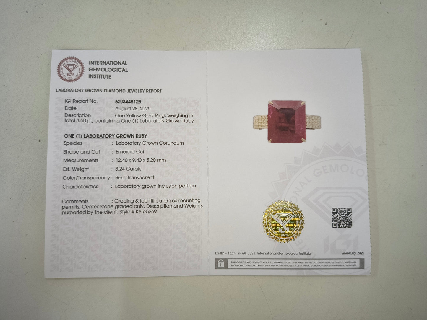 8.38 Ct Emerald Cut Lab Grown Ruby 14K Gold Ring