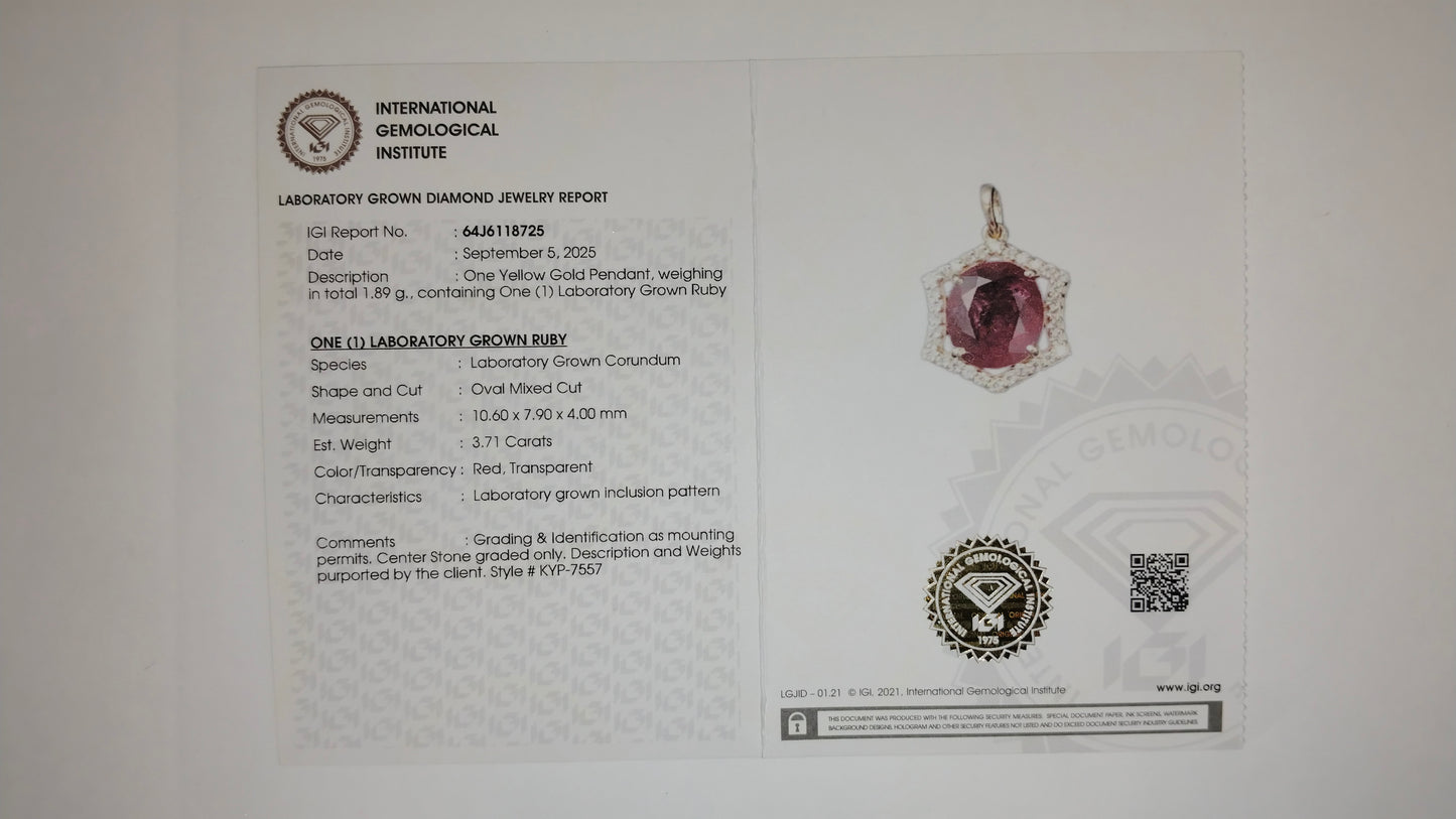 3.95 Ct Oval Mixed Cut Lab Grown Ruby 14K Gold Pendant