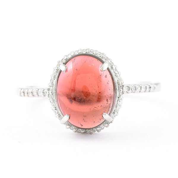 2.58 Ct Oval Cabochon Cut Natural Rubellite 950 Platinum Ring