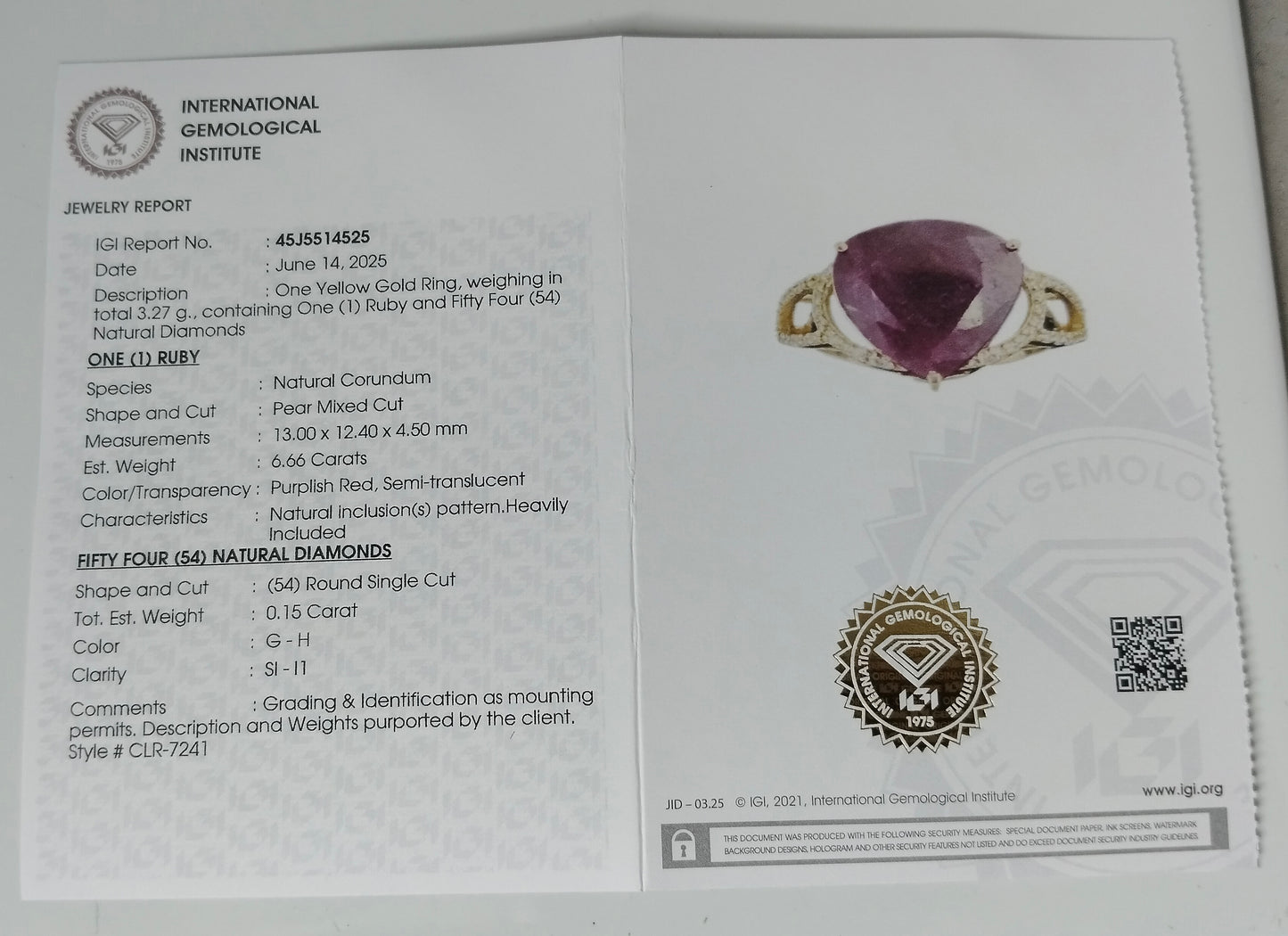 6.81 Ct Pear Mixed Cut Natural Corundum Ruby 14K Gold Ring