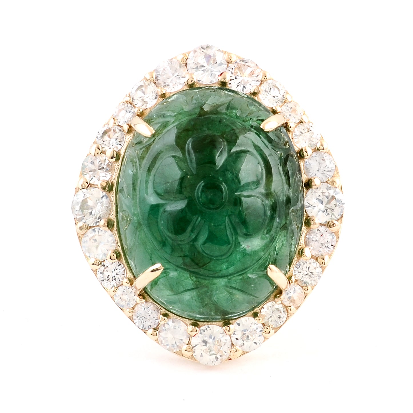 19.04 Ct Oval Carving Natural Beryl Emerald 14K Gold Ring