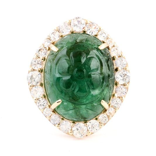 19.04 Ct Oval Carving Natural Beryl Emerald 14K Gold Ring