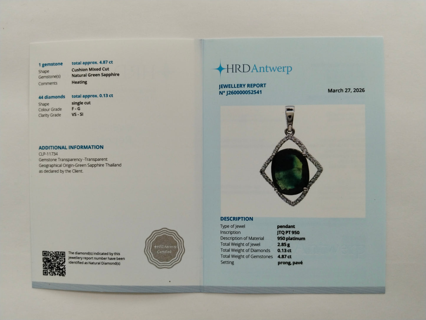 5.00 Ct Cushion Mixed Cut Natural Green Sapphire 950 Platinum Pendant
