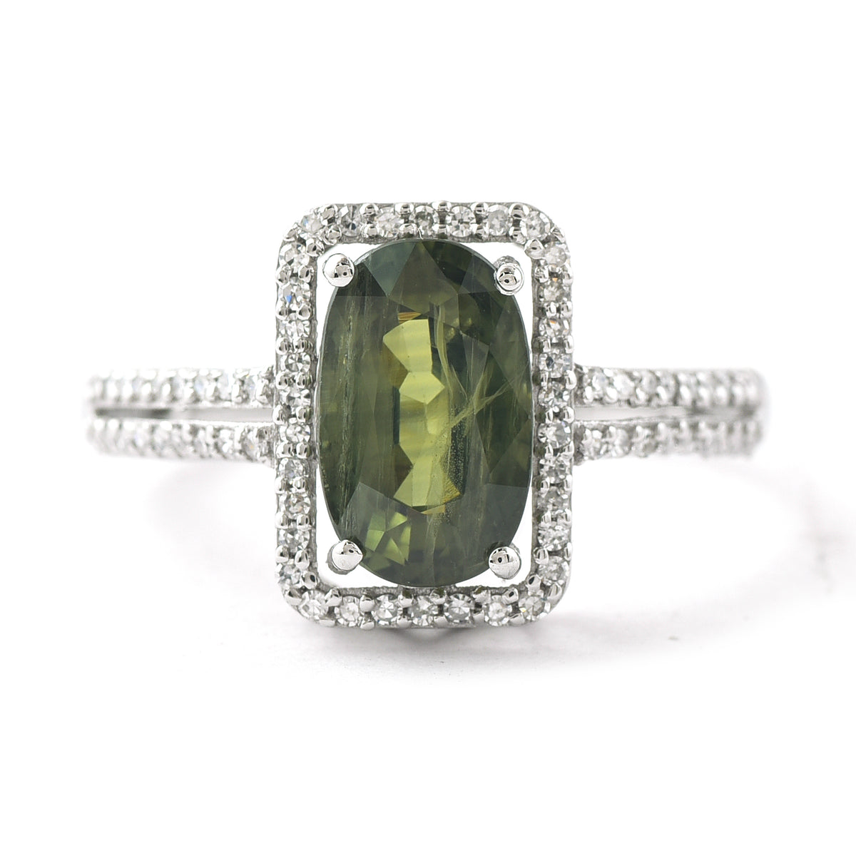 2.84 Ct Oval Mixed Cut Natural Green Sapphire 950 Platinum Ring