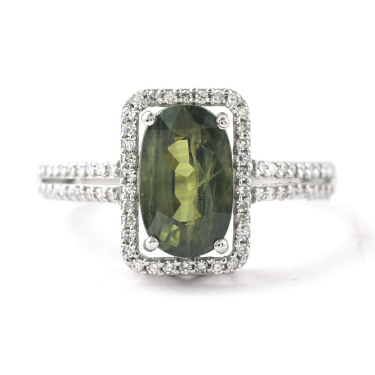2.84 Ct Oval Mixed Cut Natural Green Sapphire 950 Platinum Ring