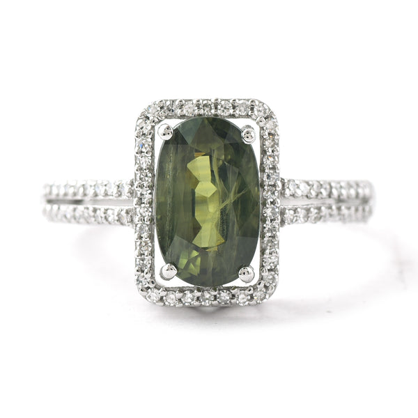 2.84 Ct Oval Mixed Cut Natural Green Sapphire 950 Platinum Ring