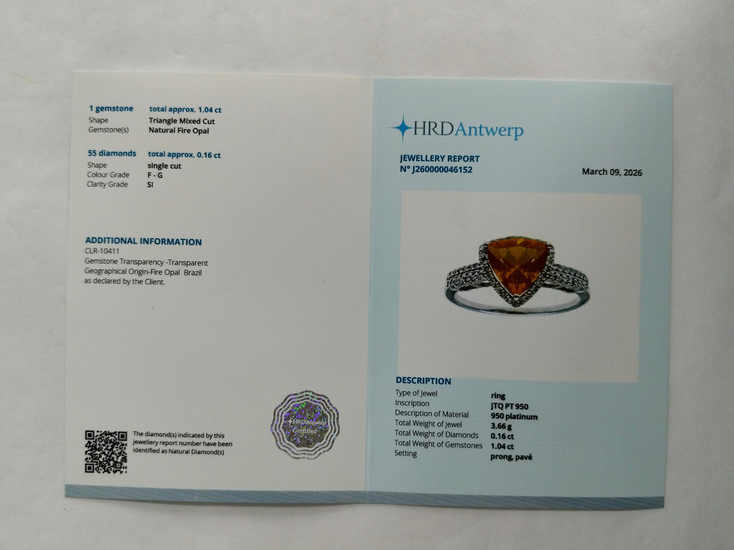 1.20 Ct Triangle Mixed Cut Natural Fire Opal 950 Platinum Ring