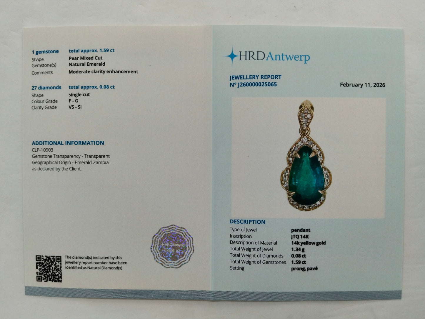 1.67 Ct Pear Mixed Cut Natural Emerald 14K Gold Pendant