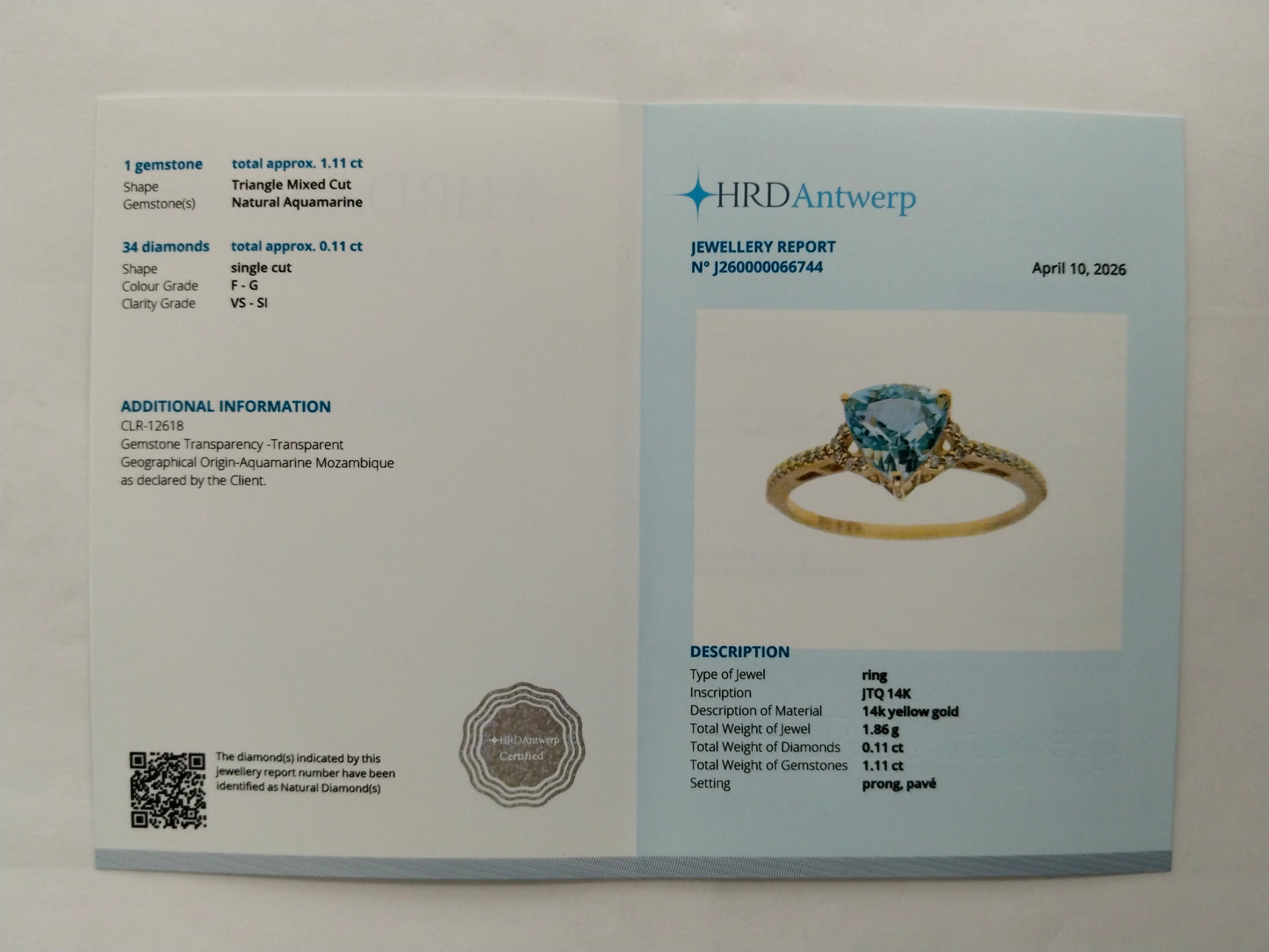 1.22 Ct Triangle Mixed Cut Natural Aquamarine 14K Gold Ring