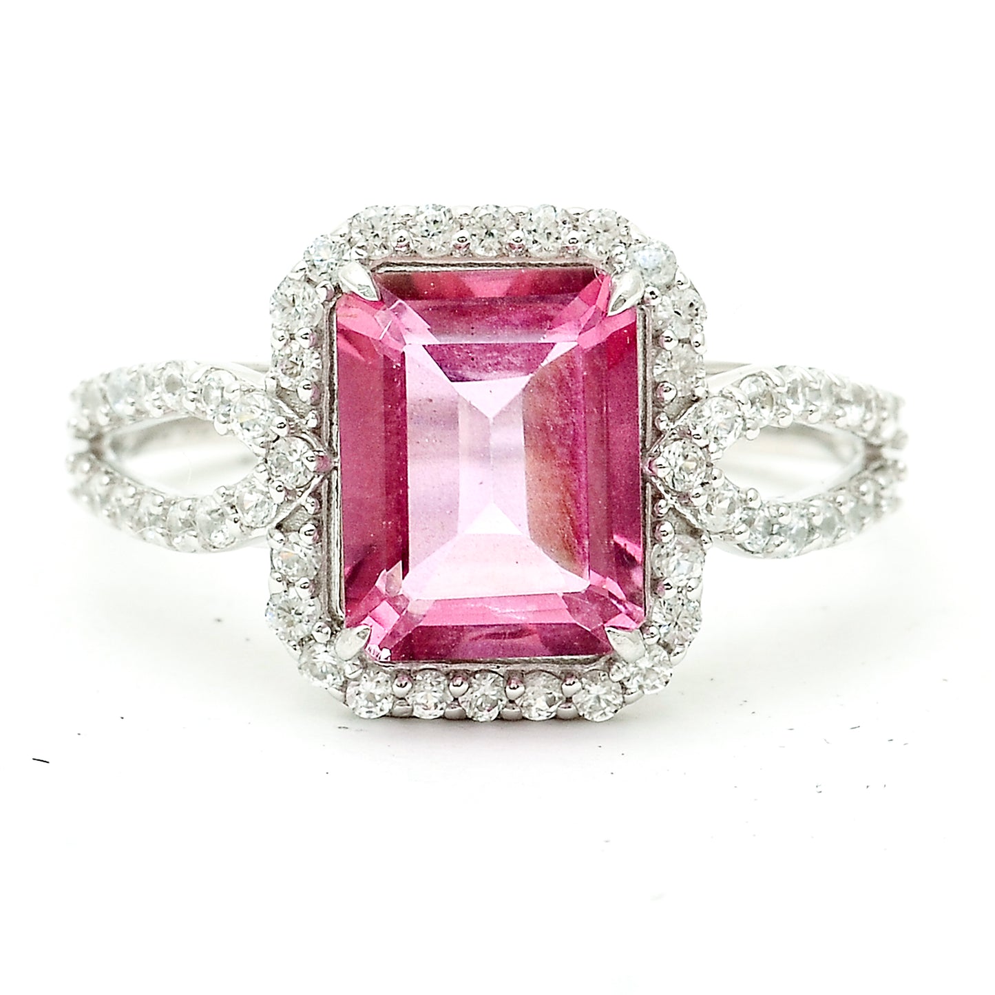 3.34 Ct Octagon Pink Topaz, White Zircon 925 Sterling Silver Ring