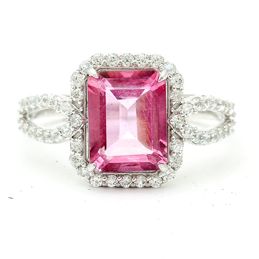 3.34 Ct Octagon Pink Topaz, White Zircon 925 Sterling Silver Ring