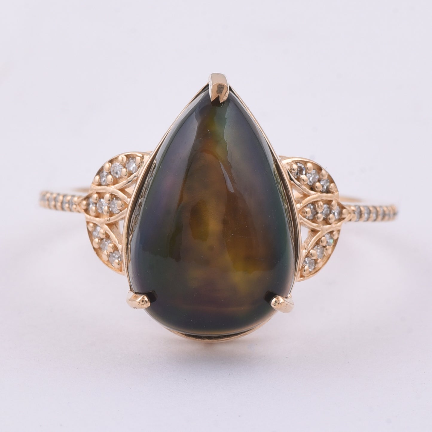 3.99 Ct Pear Cabochon Natural Black Opal 14K Gold Ring