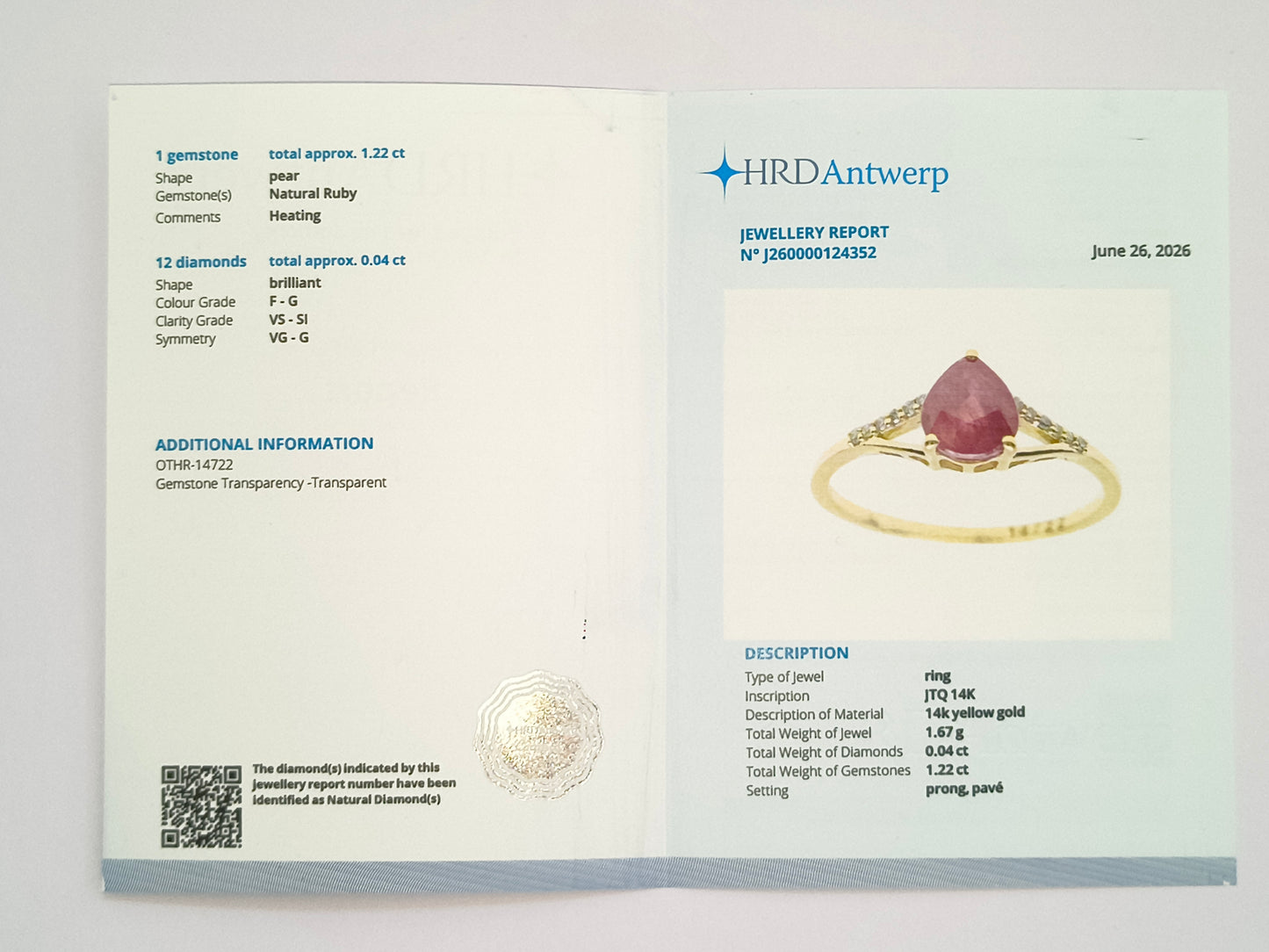 1.26 Ct Pear Natural Ruby 14K Gold Ring