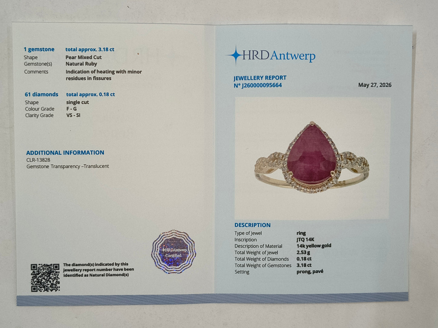 3.36 Ct Pear Mixed Cut Natural Ruby 14K Gold Ring