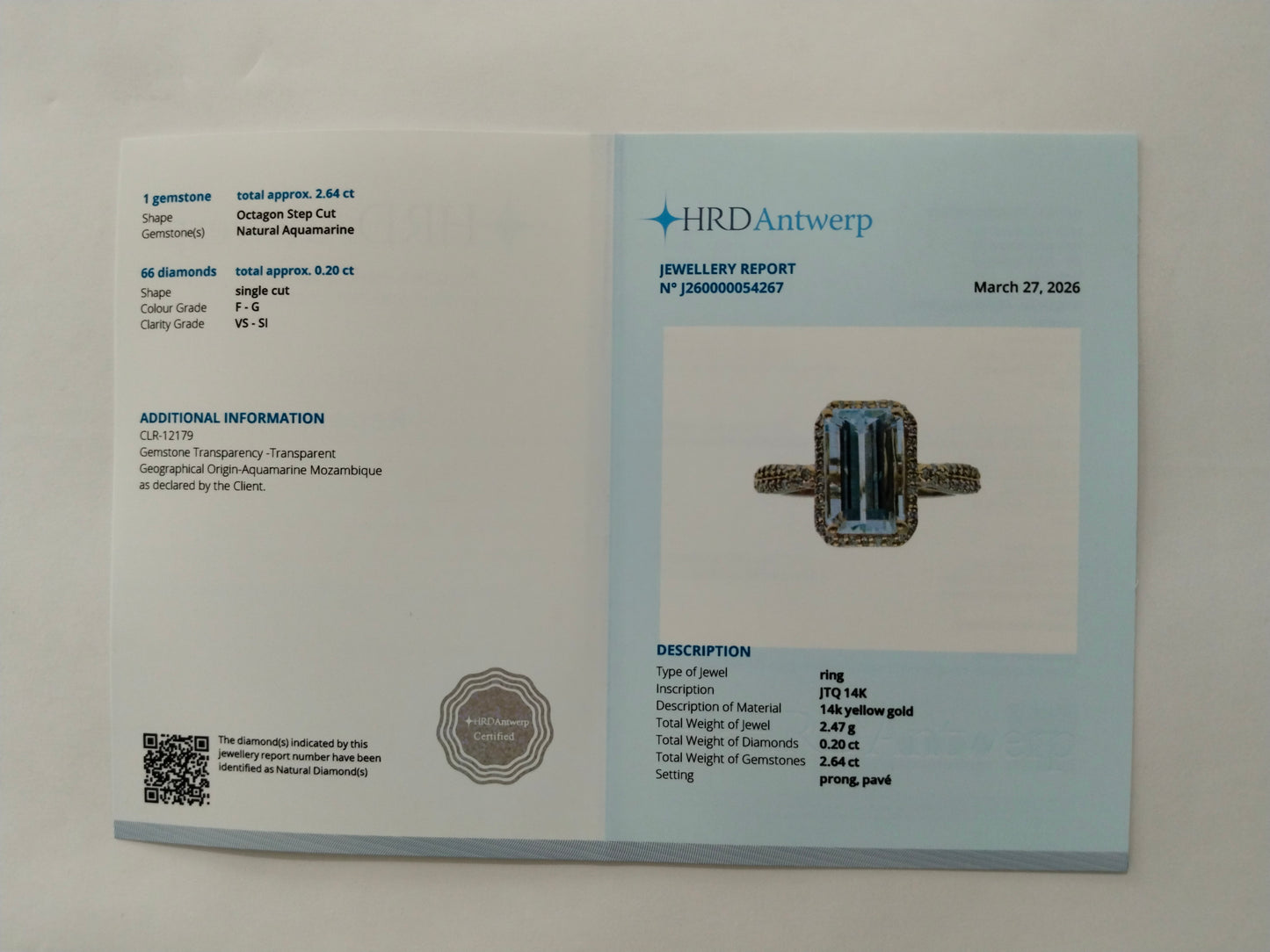2.84 Ct Octagon Step Cut Natural Aquamarine 14K Gold Ring