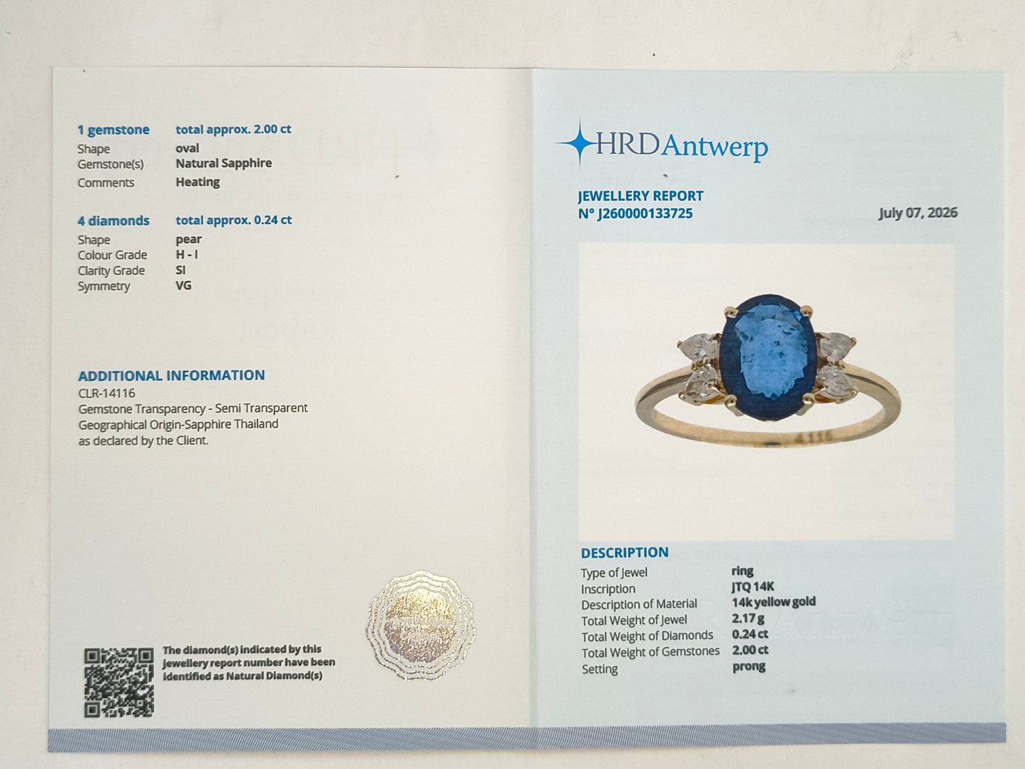2.24 Ct Oval Natural Sapphire 14K Gold Ring