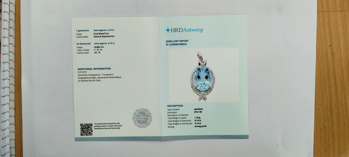 3.28 Ct Oval Mixed Cut Natural Aquamarine 14K Gold Pendant