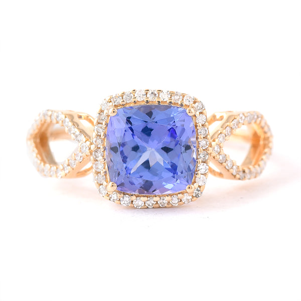 2.32 Ct Cushion Mixed Cut Natural Tanzanite 14K Gold Ring