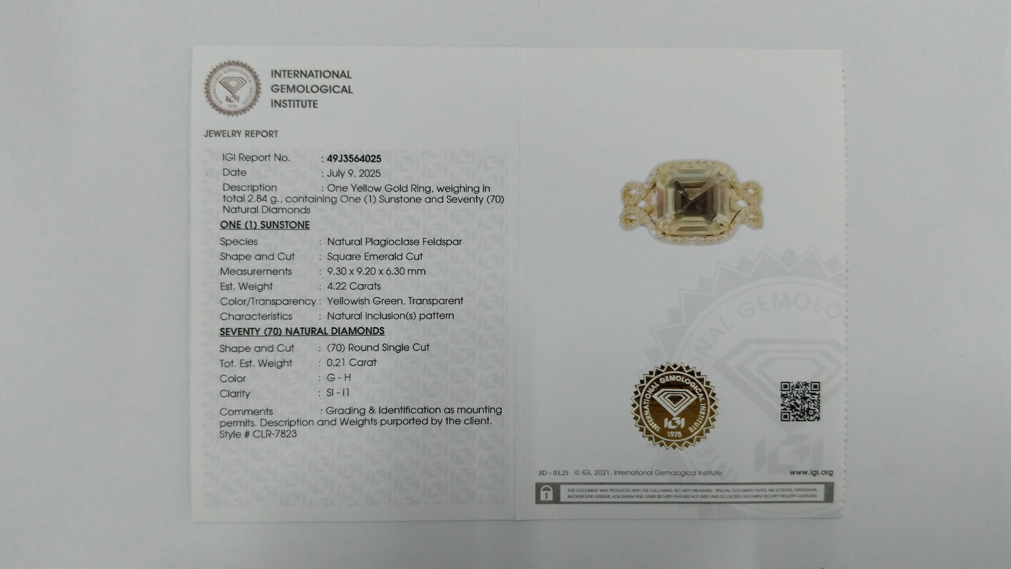 4.43 Ct Square Emerald Cut Natural Plagioclase Feldspar Sunstone 14K Gold Ring