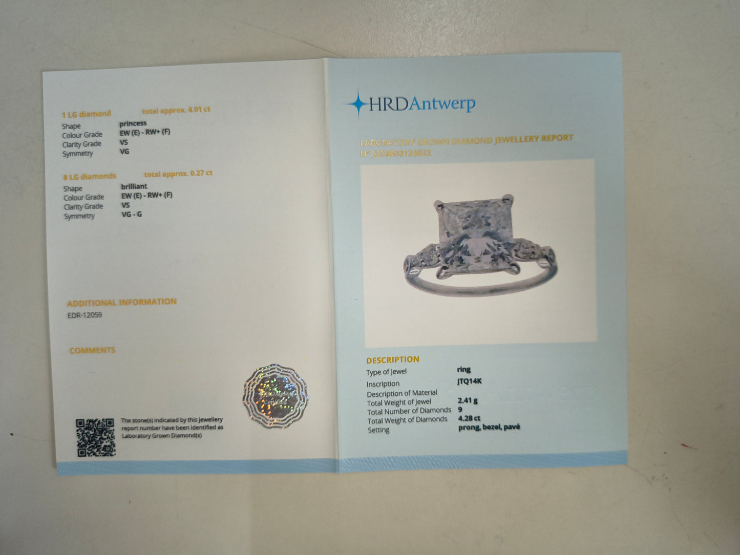 4.28 Carats Lab Grown Diamond 14K Gold Ring