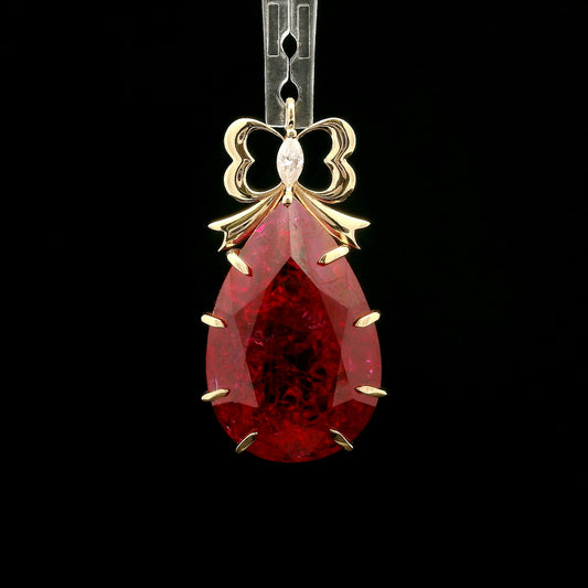 17.22 Ct Pear Mixed Cut Lab Grown Ruby 14K Gold Pendant