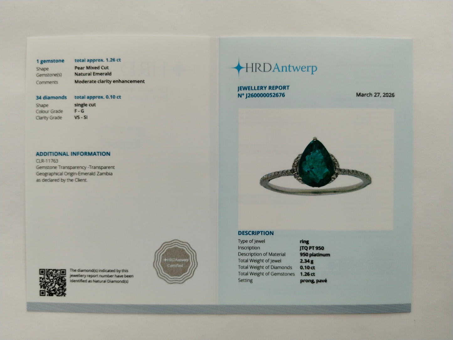 1.36 Ct Pear Mixed Cut Natural Emerald 950 Platinum Ring