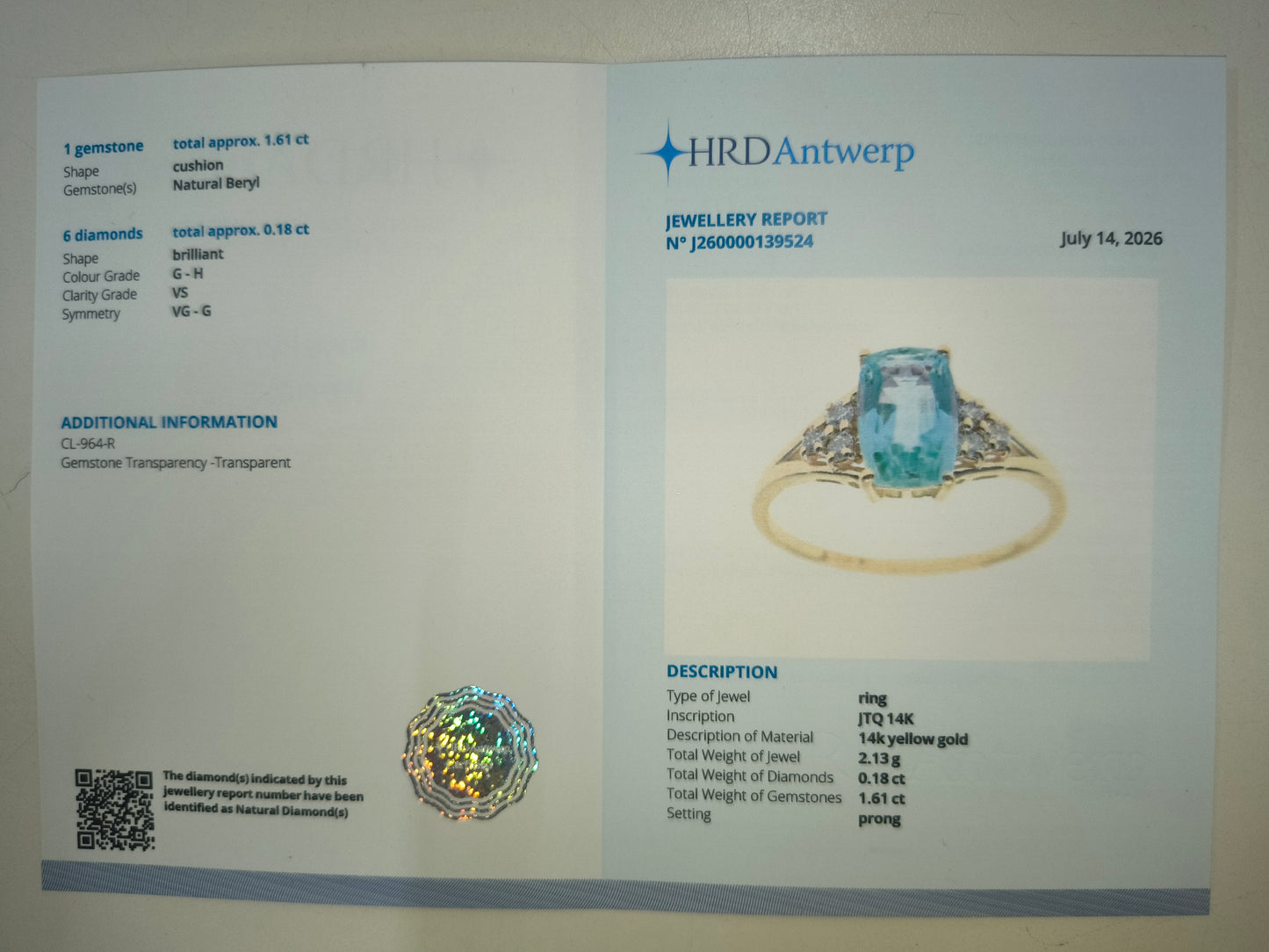1.79 Ct Cushion Natural Green Beryl 14K Gold Ring