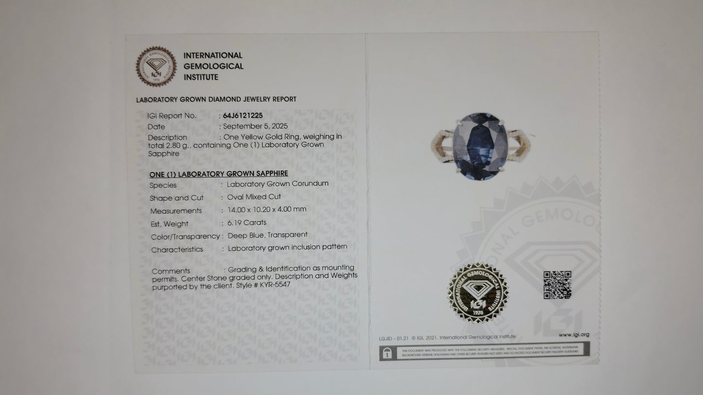 6.30 Ct Oval Mixed Cut Lab Grown Sapphire 14K Gold Ring