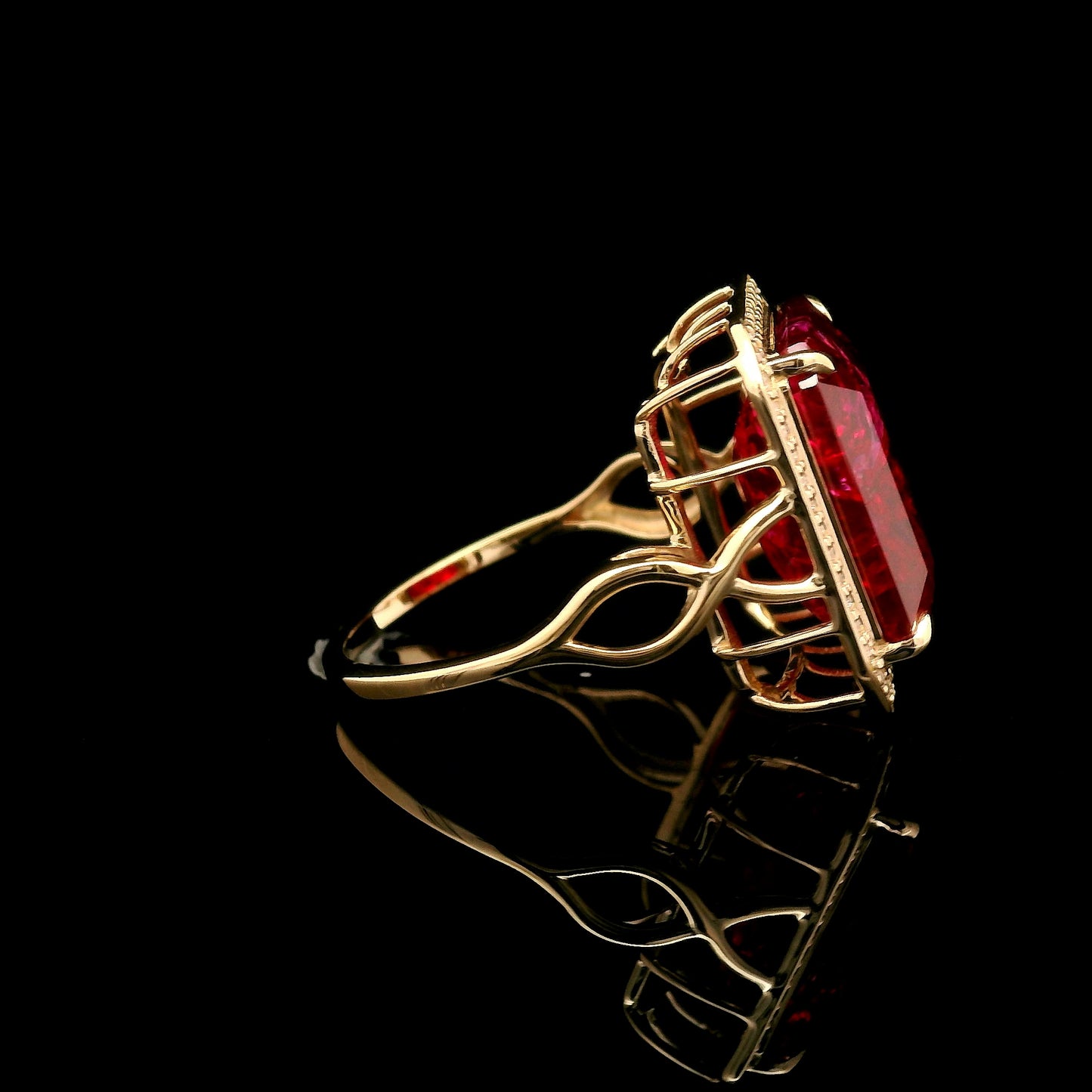 12.93 Ct Emerald Cut Lab Grown Ruby 14K Gold Ring