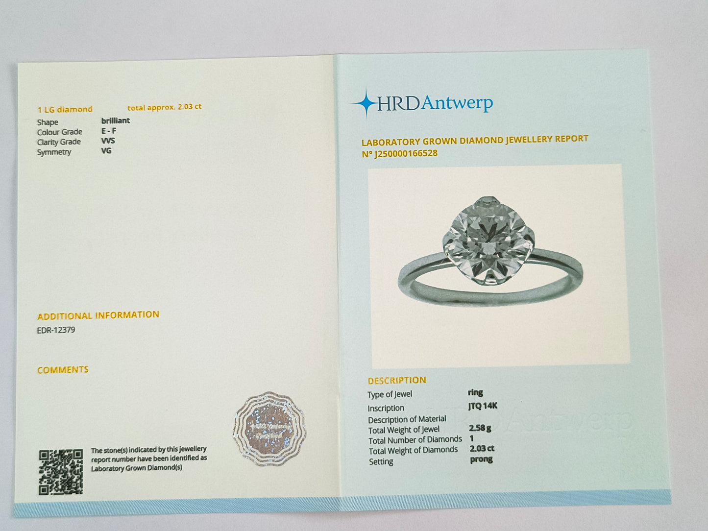 2.03 Carats Lab Grown Diamond 14K Gold Ring