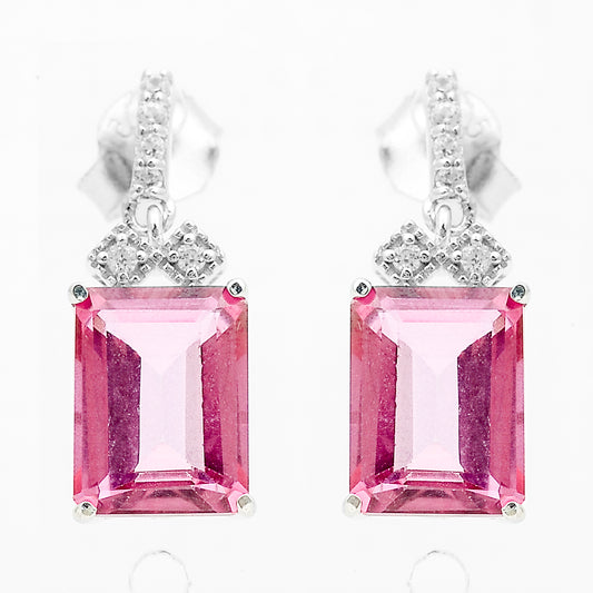 5.78 Ct Octagon Pink Topaz, White Zircon 925 Sterling Silver Earrings