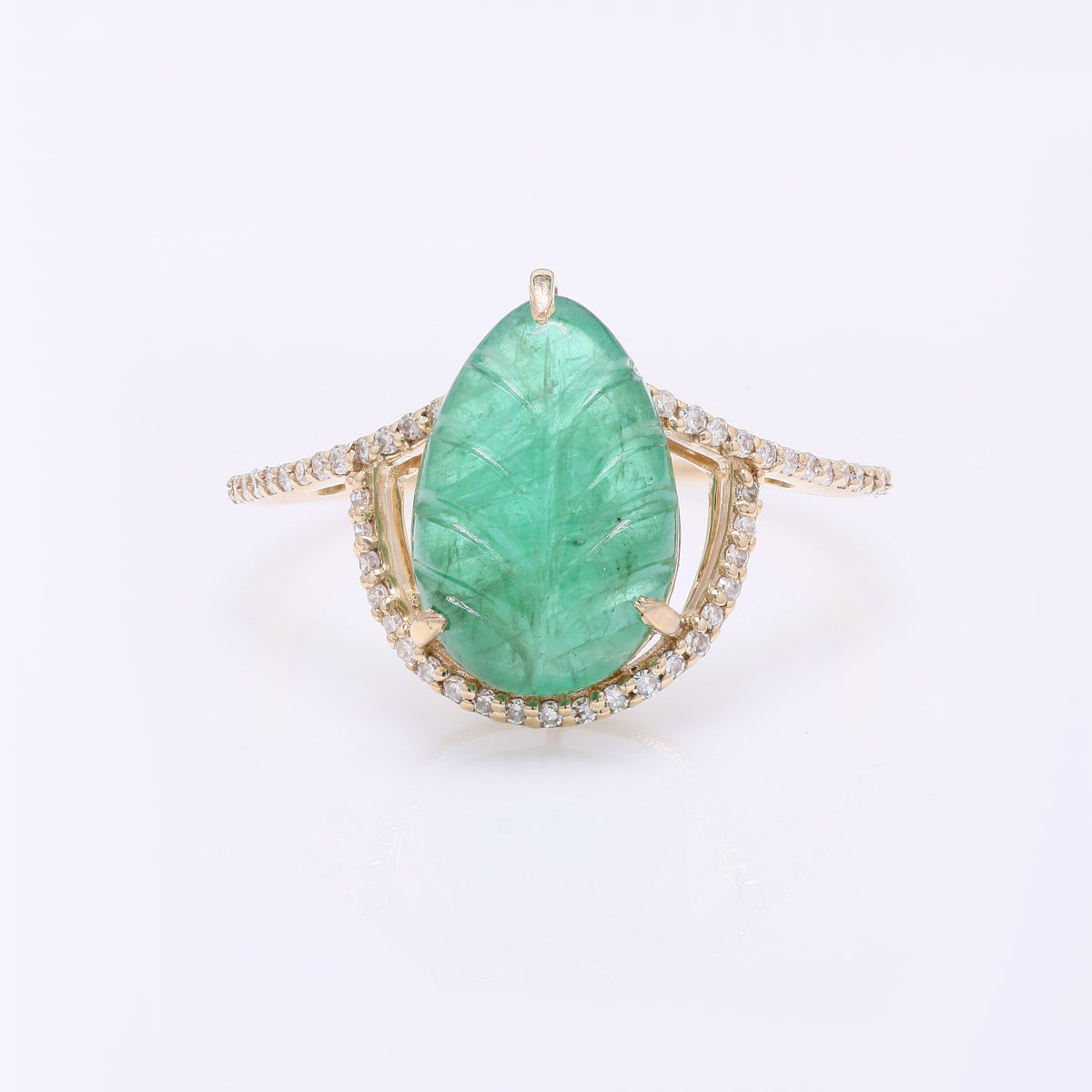 3.56 Ct Pear Carving Natural Beryl Emerald 14K Gold Ring
