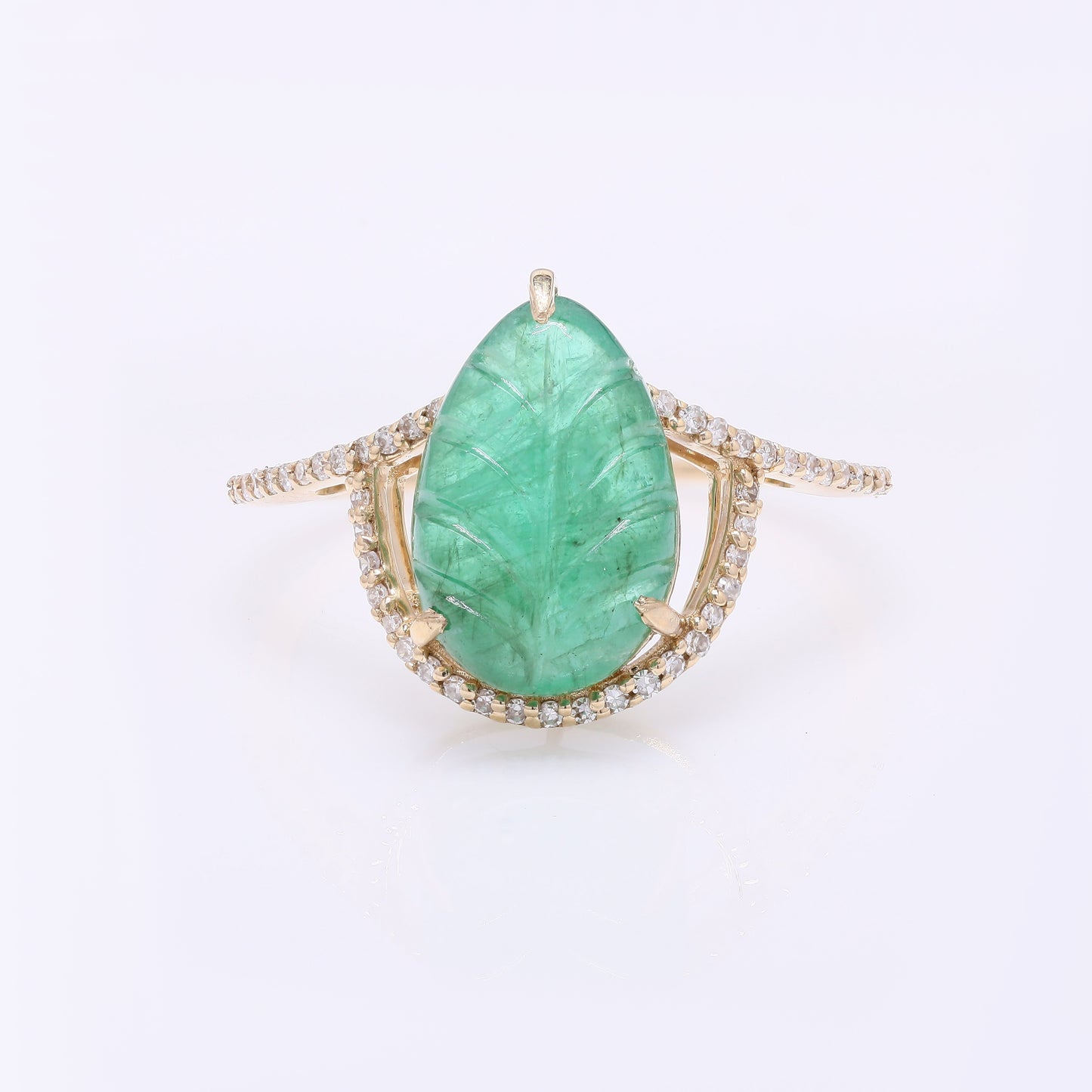 3.56 Ct Pear Carving Natural Beryl Emerald 14K Gold Ring