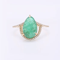 3.56 Ct Pear Carving Natural Beryl Emerald 14K Gold Ring