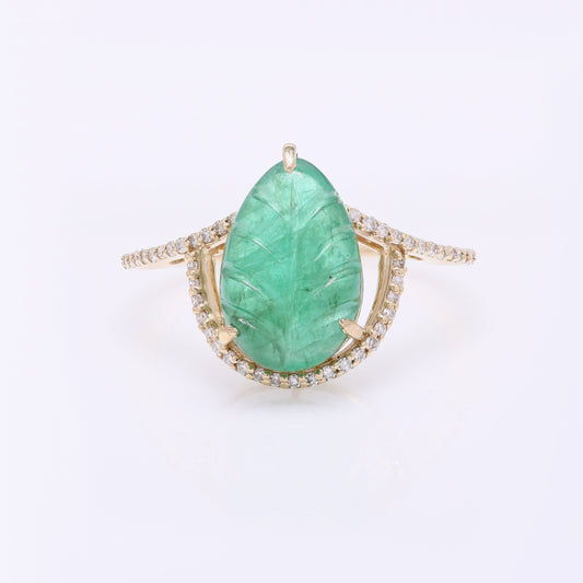 3.56 Ct Pear Carving Natural Beryl Emerald 14K Gold Ring