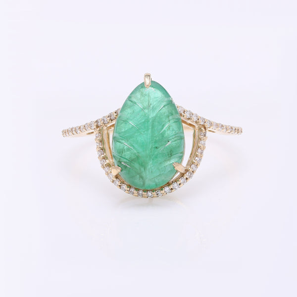 3.56 Ct Pear Carving Natural Beryl Emerald 14K Gold Ring