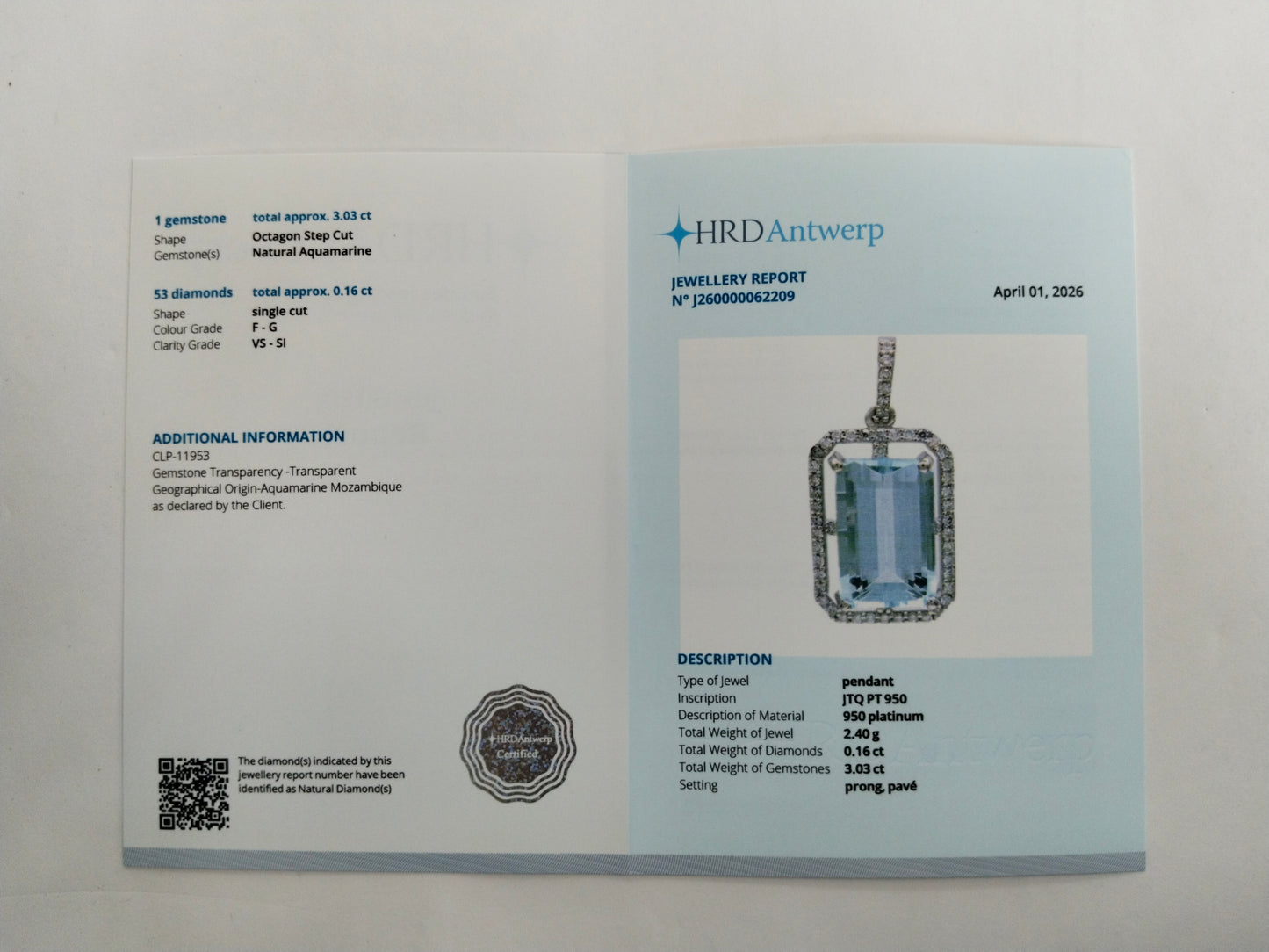 3.19 Ct Octagon Step Cut Natural Aquamarine 950 Platinum Pendant