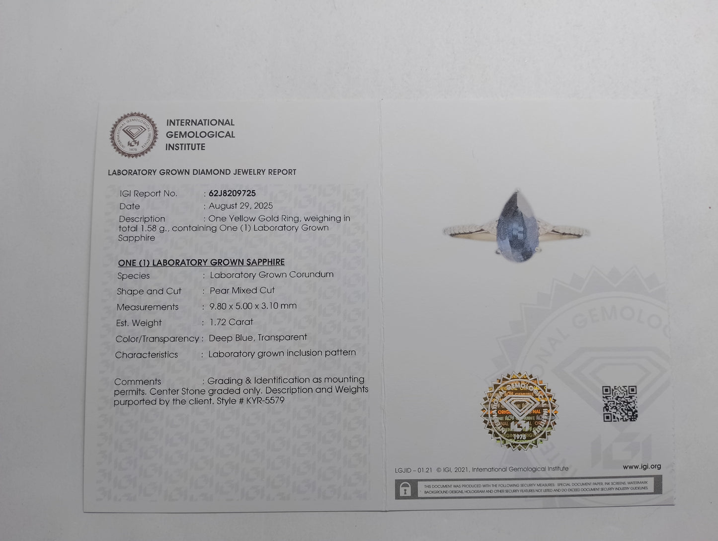 1.78 Ct Pear Mixed Cut Lab Grown Sapphire 14K Gold Ring