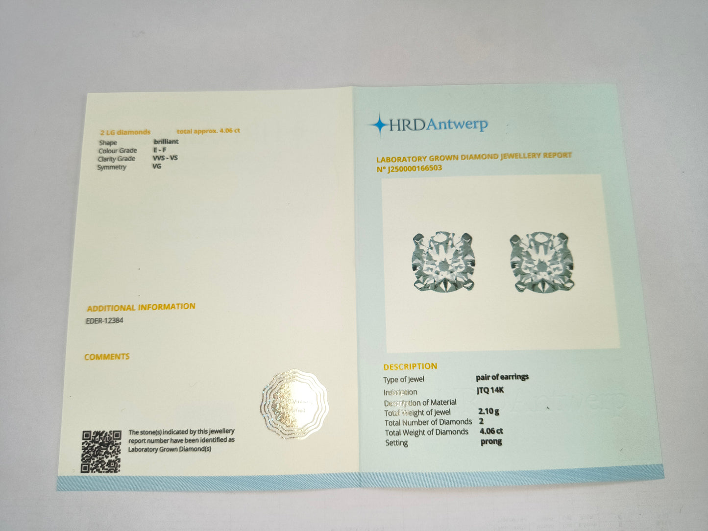4.06 Carats Lab Grown Diamond 14K Gold Earrings
